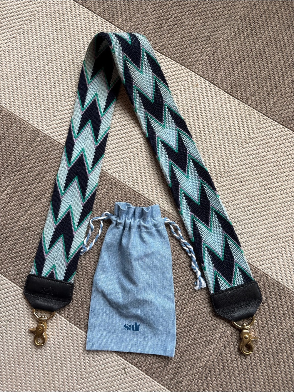 Salt Chevron Woven Guitar-Style Bag Strap in Mint & Navy